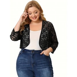 Plus Size Kimono Women Cardigan - Sheer Floral Pattern, 3/4 Sleeve, Open Front Shawl, Casual Spring/Summer Wear, Black, Elegant Event Wear, Short Length, Slight Stretch Fabric, No Lining