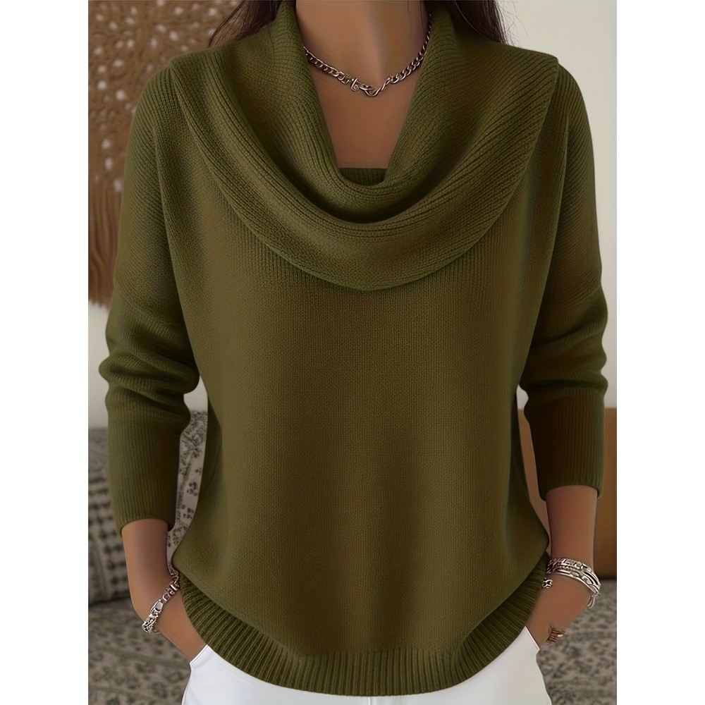 Christmas Green Elegant Long Sleeve Cowl Neck Sweater - Solid Color Minimalist Top, Women'S Winter Warm Pullover