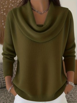 Christmas Green Elegant Long Sleeve Cowl Neck Sweater - Solid Color Minimalist Top, Women'S Winter Warm Pullover