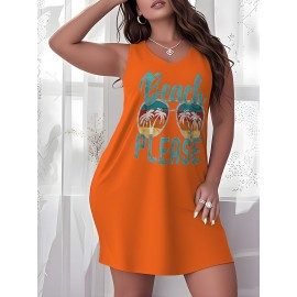 Women's Plus Size Beach Dress - A-Line Short Sleeveless Knee-Length Dress with Turquoise 