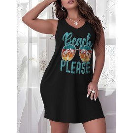 Women's Plus Size Beach Dress - A-Line Short Sleeveless Knee-Length Dress with Turquoise 