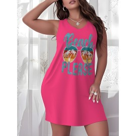 Women's Plus Size Beach Dress - A-Line Short Sleeveless Knee-Length Dress with Turquoise 