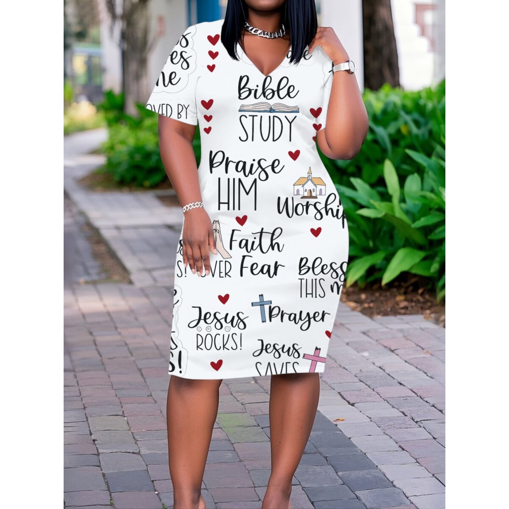 Plus Size Women's Christian Faith Dress - V-Neck Short Sleeve Church Dress with Verse Prints, Casual Loose Fit Short for Worship, Wedding Guest & Casual Attire (No Padding/)