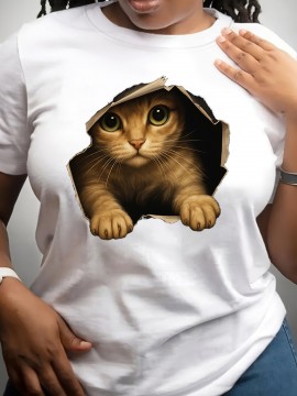 [Cute Orange Kitten T-Shirt] Lightweight Comfortable Fit Women's Cute Orange Kitten Peeking from Torn Hole Graphic T-Shirt - Red Casual Everyday Tee for Pet Lovers - Medium Elasticity Fabric Spring Summer Apparel