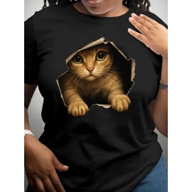 [Cute Orange Kitten T-Shirt] Lightweight Comfortable Fit Women's Cute Orange Kitten Peeking from Torn Hole Graphic T-Shirt - Red Casual Everyday Tee for Pet Lovers - Medium Elasticity Fabric Spring Summer Apparel