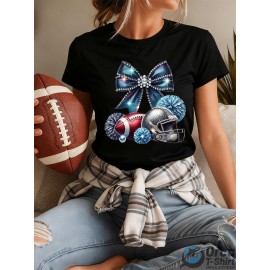 Local delivery - One piece Women's printed T-shirt -100% casual round neck short sleeved top with rugby elements, breathable and comfortable, suitable for match days, parties and daily wear, machine washable, all season casual clothing - perfect for