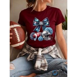 Local delivery - One piece Women's printed T-shirt -100% casual round neck short sleeved top with rugby elements, breathable and comfortable, suitable for match days, parties and daily wear, machine washable, all season casual clothing - perfect for