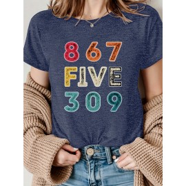 [Vibrant Graphic Tee] Vibrant Purple Women's Casual Short-Sleeve T-Shirt with Bold 867 FIVE 309 Graphic Print | Round Neck Top, Sporty Comfort Fit, Machine Washable Spring Summer Tee, Ladies T Shirts, Casual Attire, Soft Fabric