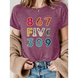 [Vibrant Graphic Tee] Vibrant Purple Women's Casual Short-Sleeve T-Shirt with Bold 867 FIVE 309 Graphic Print | Round Neck Top, Sporty Comfort Fit, Machine Washable Spring Summer Tee, Ladies T Shirts, Casual Attire, Soft Fabric