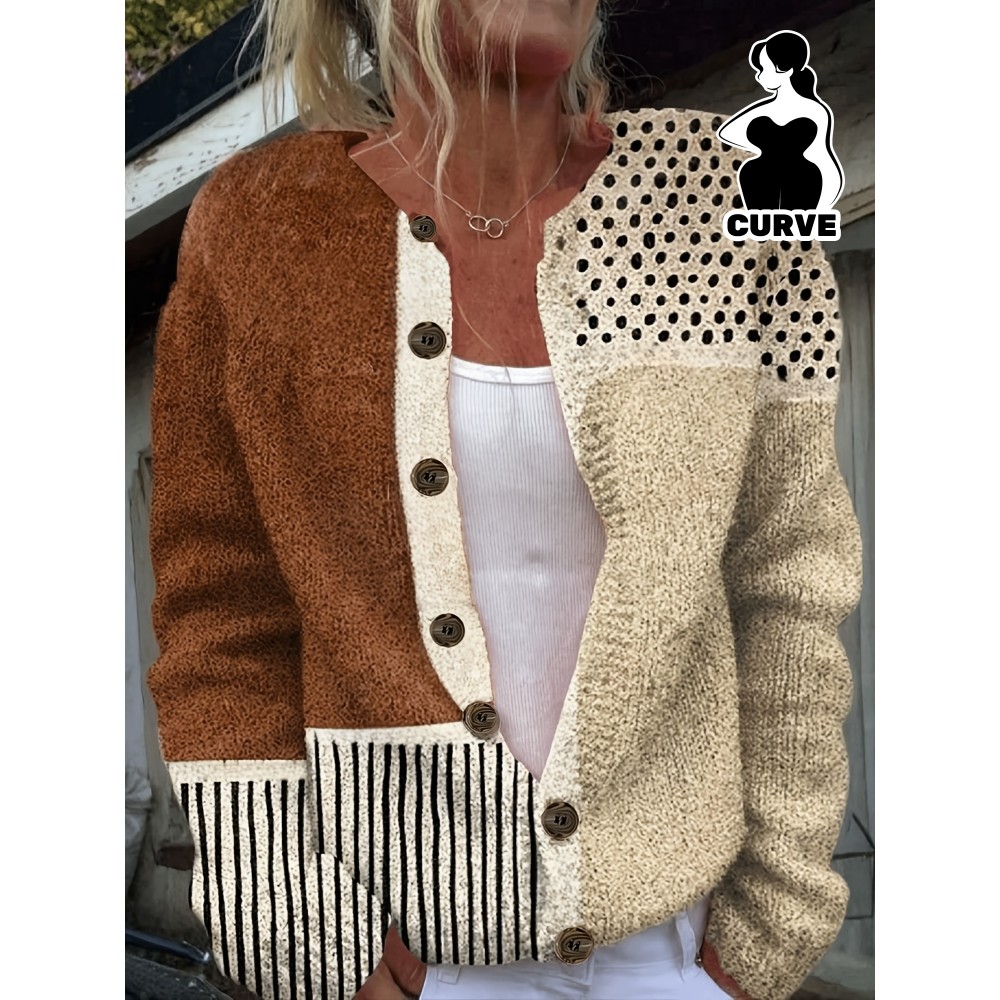 Plus-Size Women's Lightweight Cardigan - Spring/Autumn Open Front Sweater with Digital Print (Brown/White/Beige/Patterned), Round Neck Long Sleeve Button Front for Casual & Resort Wear, Cardigan Sweater, Spring Outerwear, Trendy Knitwear, Cozy Feel Fabric