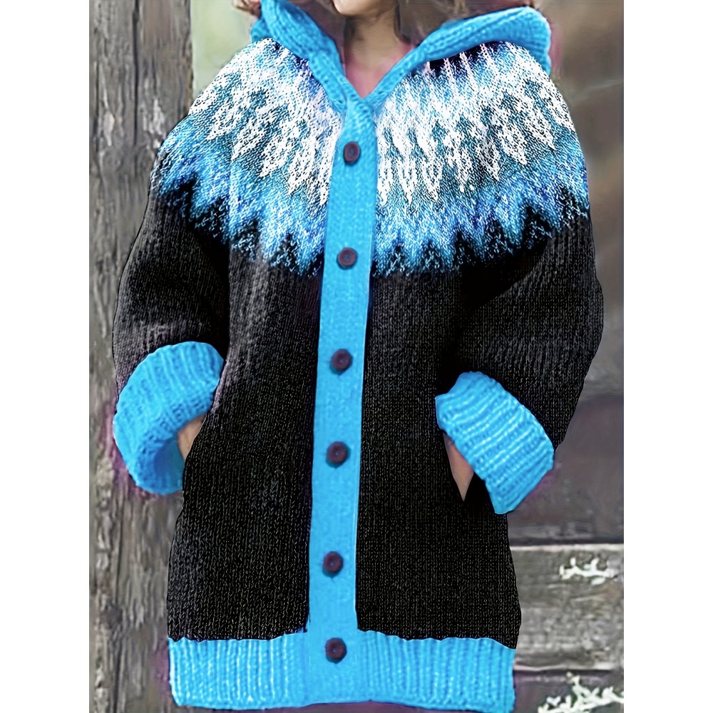 Plus Size, 2D FLAT PATTERN Soft Jacquard Glacier Snow Mountain Hooded Cardigan, Elegant, Fashionable, Comfortable, Casual And Retro Hooded Coat
