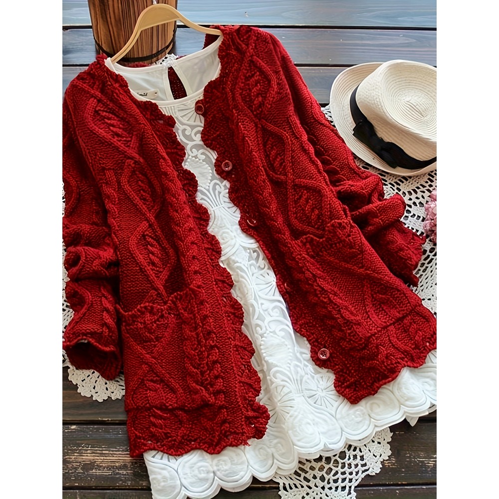 Plus Size, Plus Size Women's Casual Open Front Sweater, Long Sleeve with Pocket and Buttoned Scallop Hem